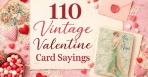 Flat lay graphic of 110 vintage Valentine card sayings with candy hearts, lace, envelope, and Victorian-style card on pink background