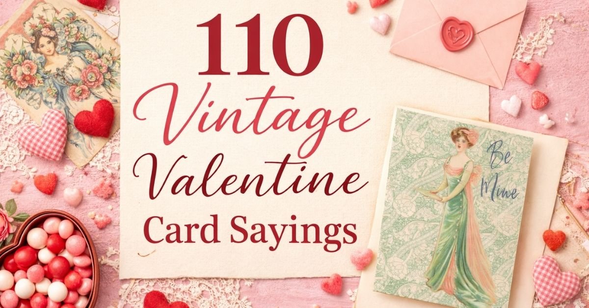Flat lay graphic of 110 vintage Valentine card sayings with candy hearts, lace, envelope, and Victorian-style card on pink background