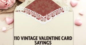Vintage Valentine flat lay with lace, envelope, and candy hearts for card sayings post