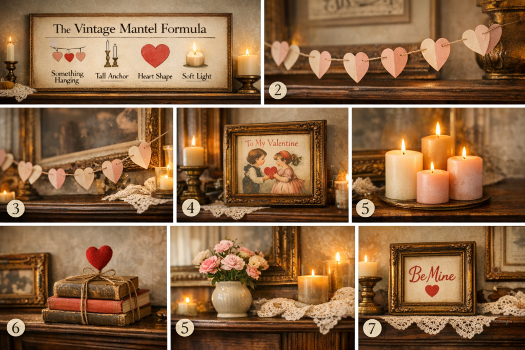 Vintage Valentine color palette: cream, blush, red accents, natural wood with thrift list ideas
