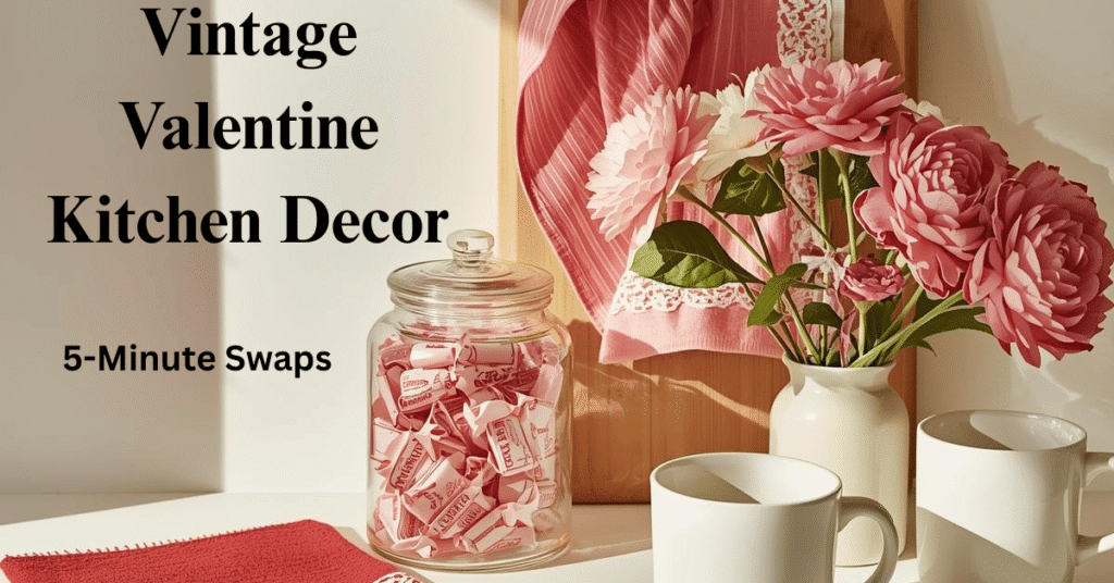 Vintage Valentine kitchen decor with red and pink towel, candy jar, cutting board, white mugs and vase with flowers