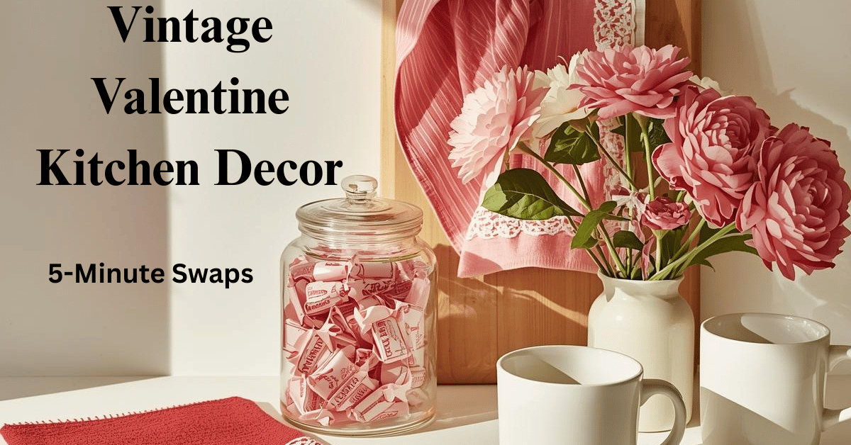 Vintage Valentine kitchen decor with red and pink towel, candy jar, cutting board, white mugs and vase with flowers