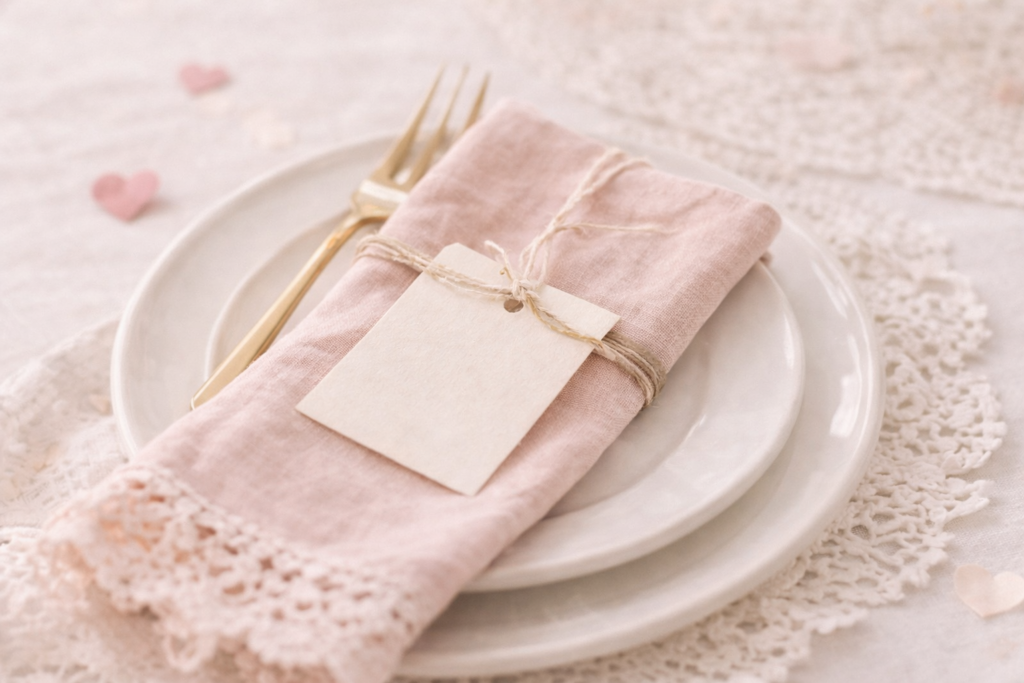 Blush pink linen napkin tied with twine and blank tag on white plates with gold flatware for a vintage Valentine place setting