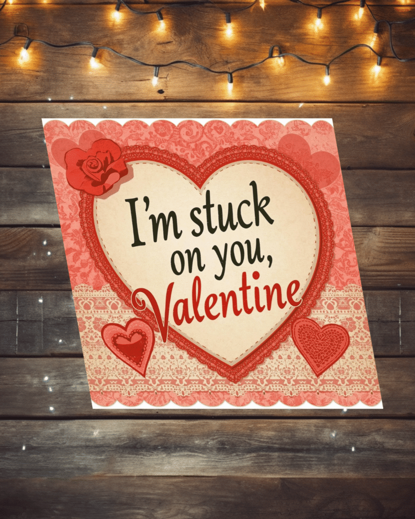 big heart that says i'm stuck on you with for red hearts around it