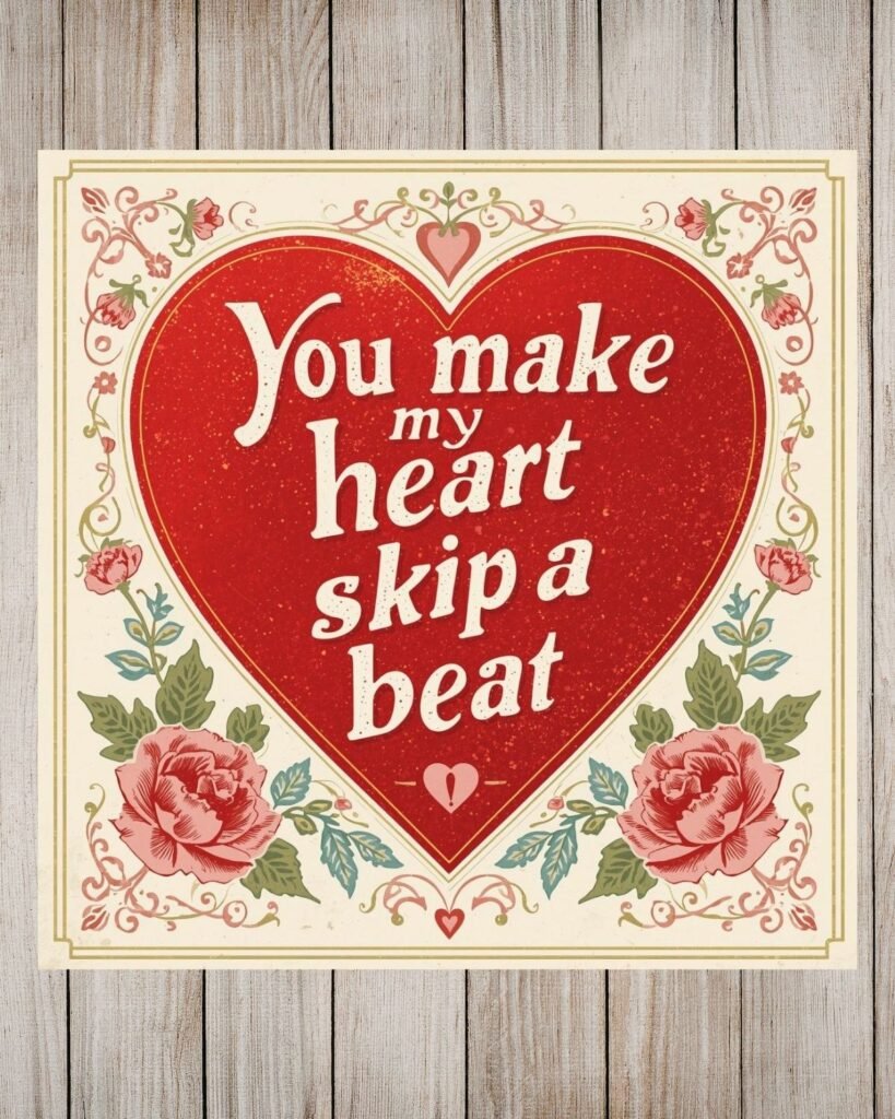 A card with a big red heart that says You make My heart Skip a beat.