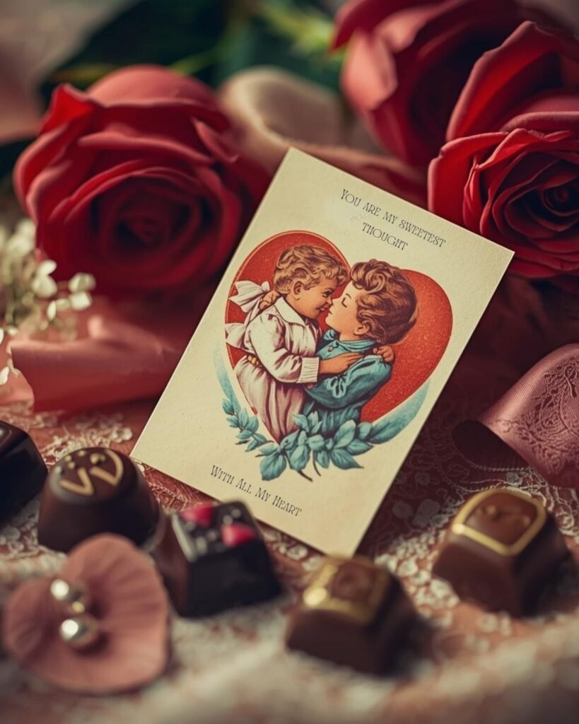 Vintage cartoon card of two children within a heart.