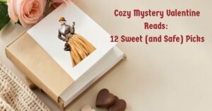 Cozy mystery Valentine reading list flat lay with books and tea