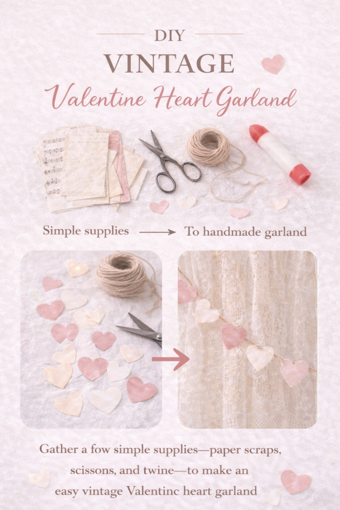 Pinnable tutorial graphic for a DIY vintage Valentine heart garland showing paper scraps, scissors, glue, twine, and finished heart garland steps
