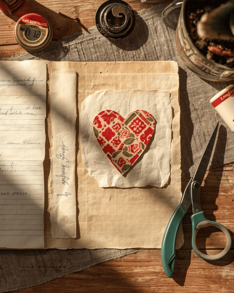 In-progress vintage Valentine junk journal page with background and focal placed