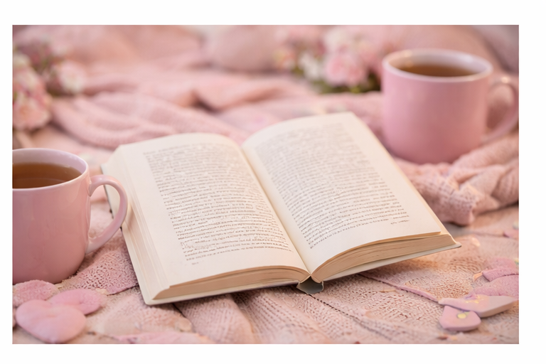 Close-up of a cozy mystery book with candle and vintage Valentine decor details.