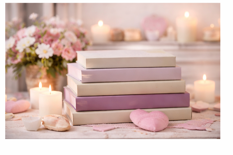 Finished Valentine-themed cozy mystery book display with warm, romantic styling.