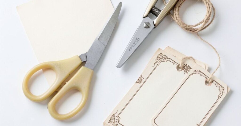 Scissors, hole punch, twine, and printed Valentine gift tags ready to cut