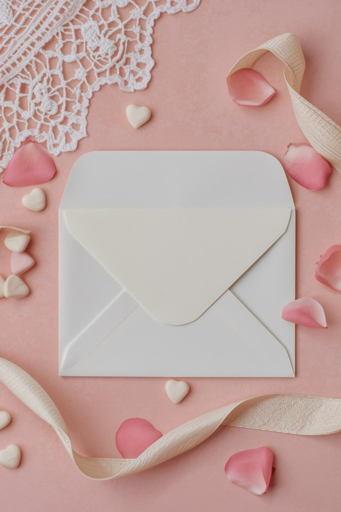 A simple white envelope with pink hearts and lace around it.