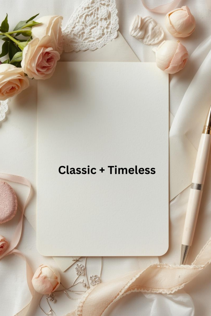 a card that says Classic and Timeless on it