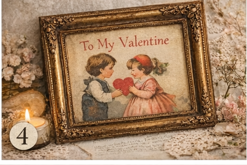 Vintage ‘Be Mine’ card displayed inside a thrifted frame on a mantel