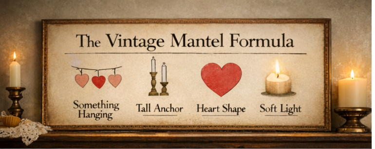 Vintage Valentine mantel formula: hanging piece, tall anchor, heart shape, soft light”