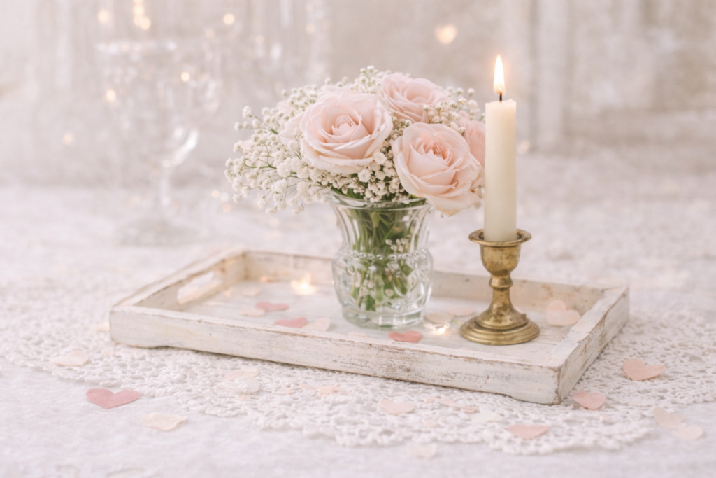 Vintage Valentine centerpiece with tray, small flower vase, candle, and scattered heart accents on a lace table