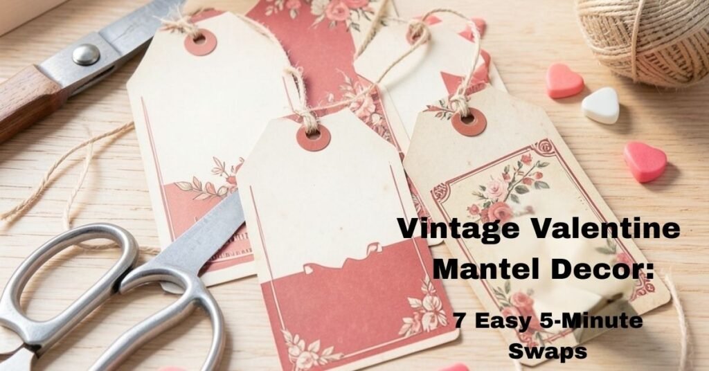 Printable vintage Valentine gift tags with twine and scissors on desk