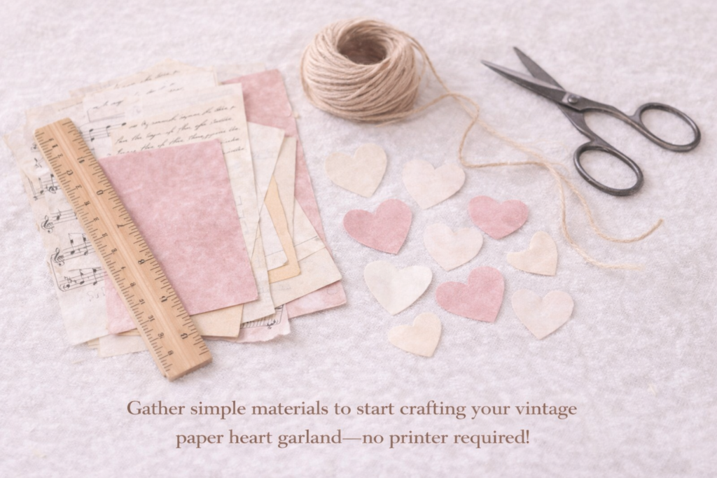 Vintage craft supplies for a DIY Valentine heart garland, including paper scraps, twine, scissors, ruler, and cut paper hearts