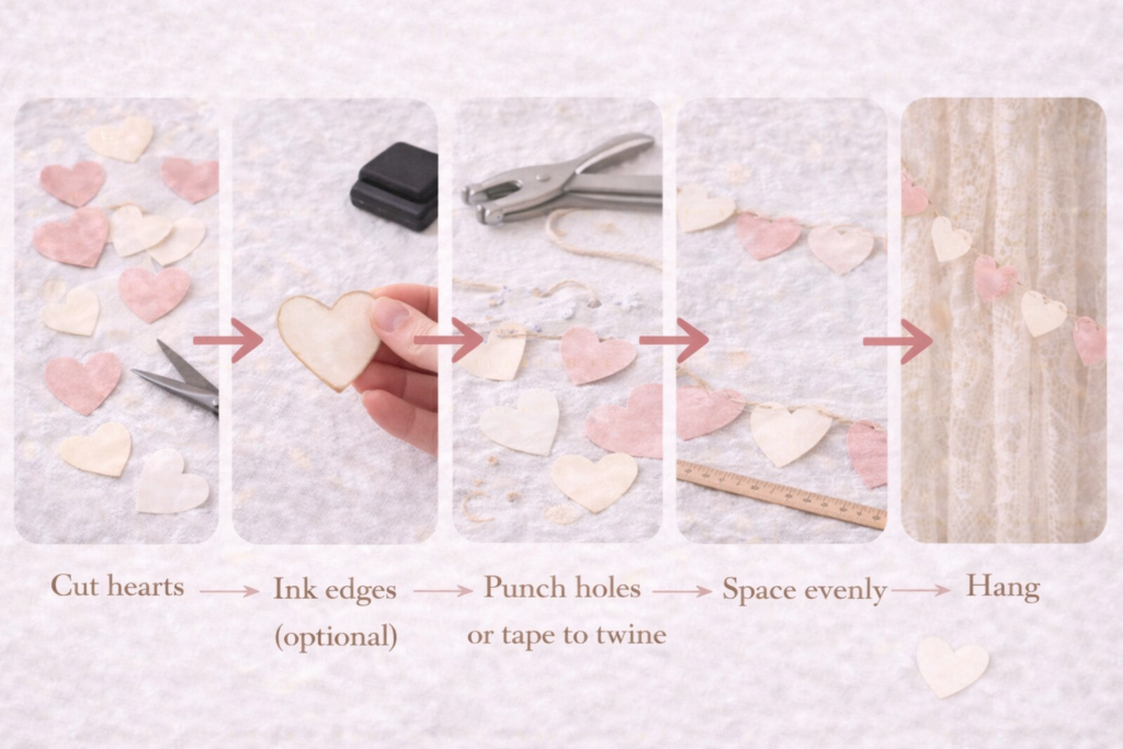 Step-by-step DIY vintage Valentine heart garland graphic showing cut hearts, optional inked edges, attaching to twine, even spacing, and hanging