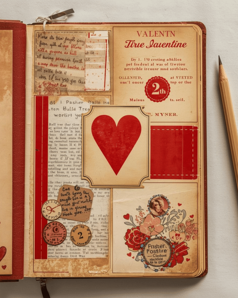 Vintage Valentine junk journal 5-block layout showing the main collage areas