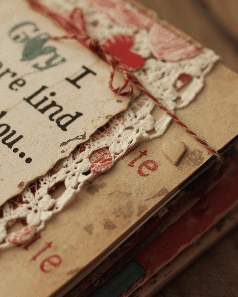 Close-up of twine bow and doily edge with inked paper layers on a Valentine journal page