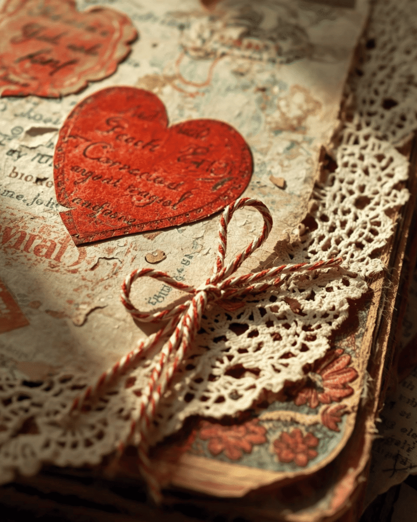 Close-up of twine and doily detail on vintage Valentine journal page