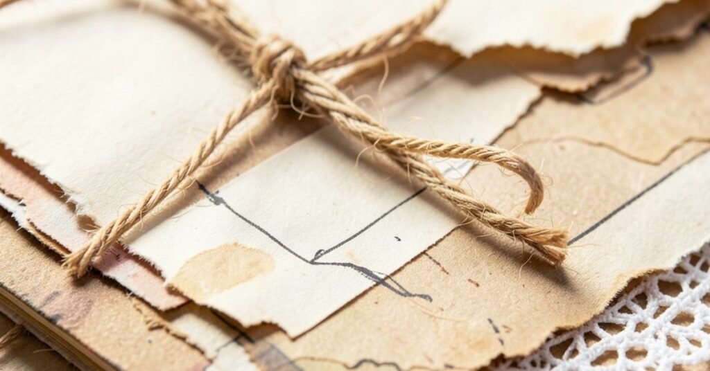 Close-up of inked edges, twine, and lace doily on a vintage Valentine junk journal page