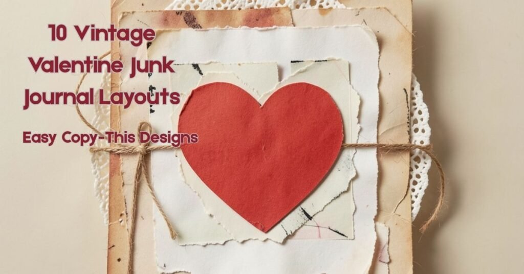 Vintage Valentine junk journal page layouts with layered paper and heart focal