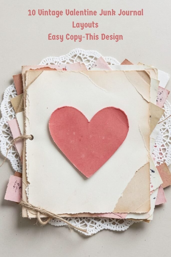 Vintage Valentine junk journal layouts you can copy with scraps and heart focal
