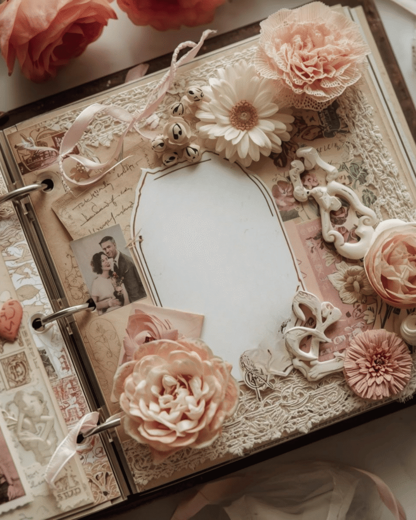 Junk Journal with white and pink artificial flowers and photo of a couple 