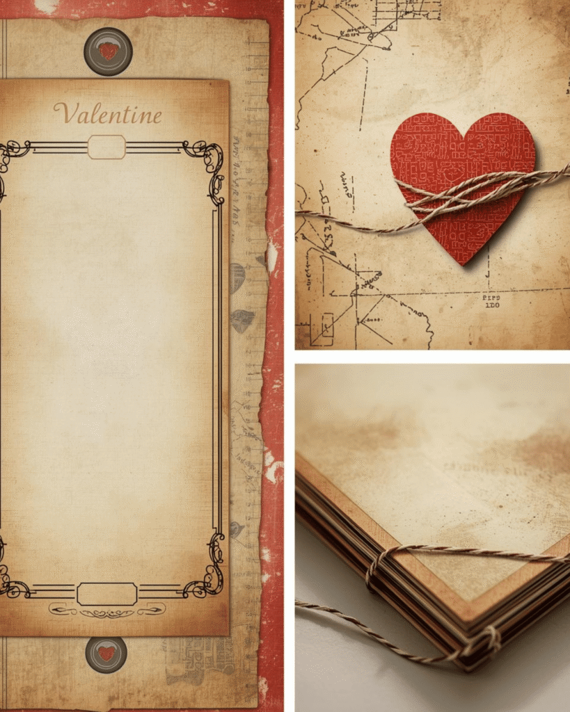 Collage showing three Pinterest photo angles for a vintage Valentine junk journal page