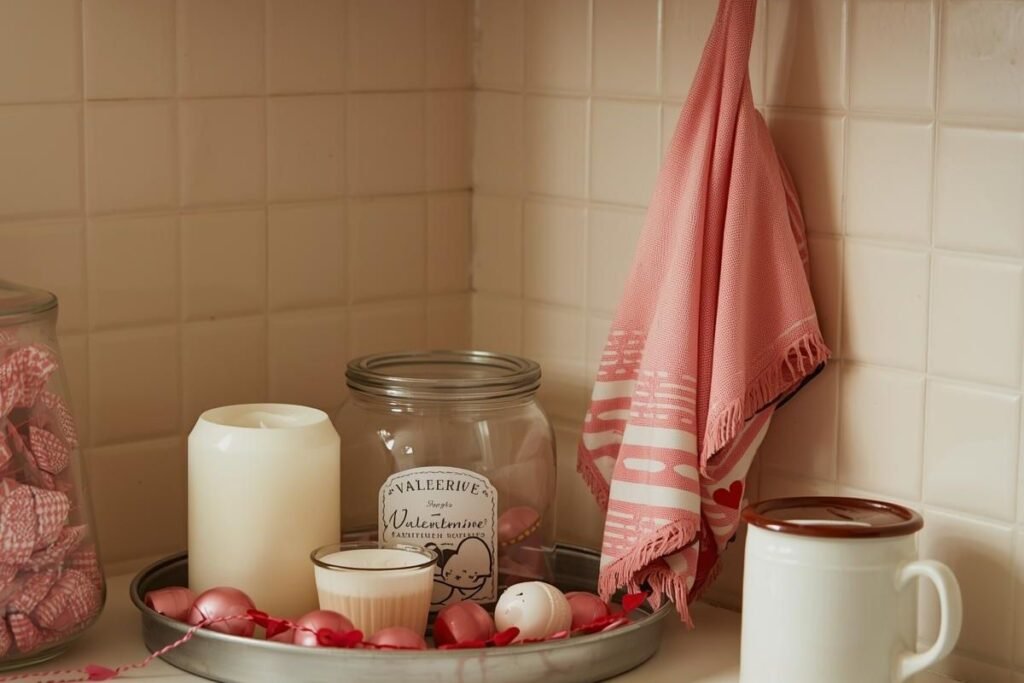 Vintage Valentine kitchen decor with candy jar, flowers, mugs, and pink towel