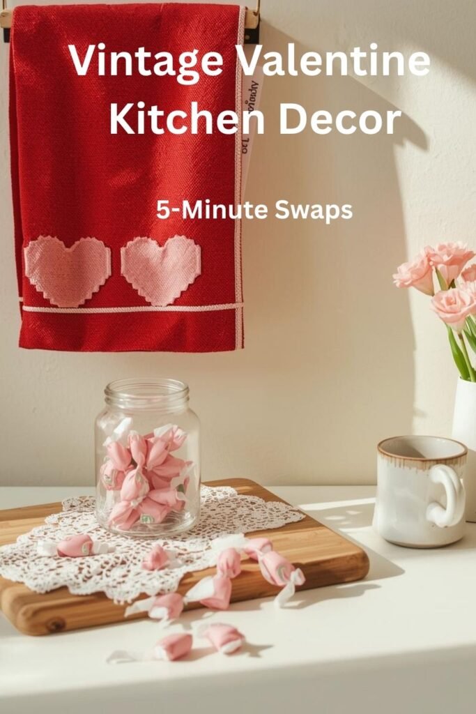 Vintage Valentine kitchen decor pin with red towel and candy jar
