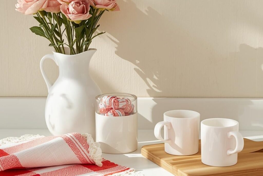 White mugs on a tray with candy jar and pink flowers for vintage Valentine kitchen decor