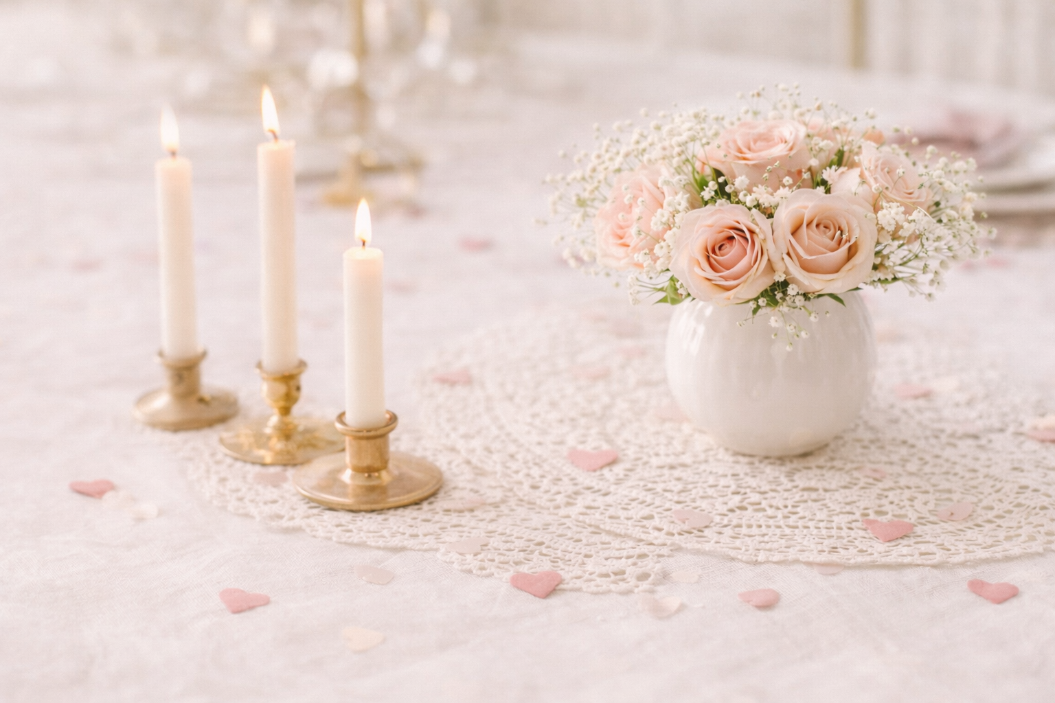 Vintage Valentine table centerpiece with blush roses, brass candlesticks, lace doily, and heart accents in a cozy romantic table setting