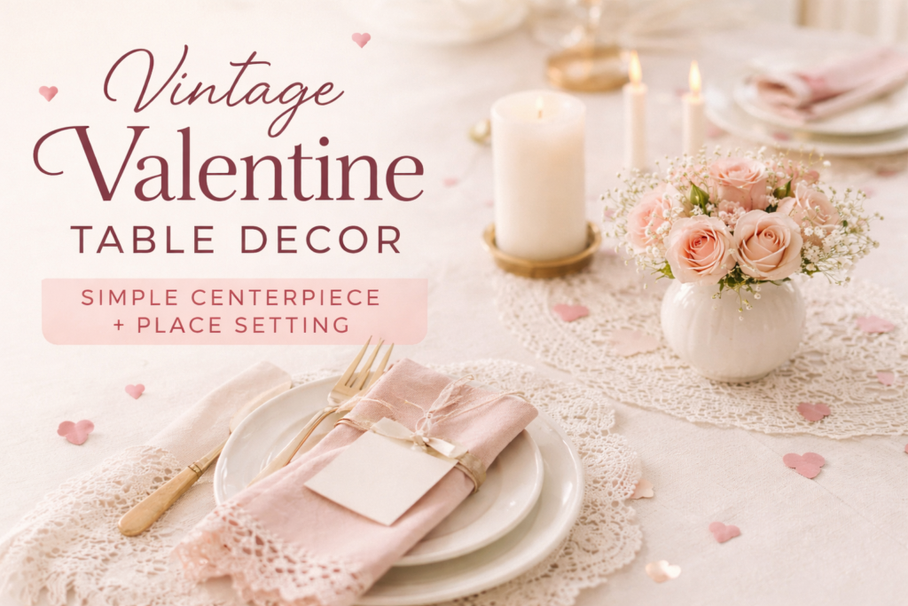 Vintage Valentine table decor with pink rose centerpiece, candles, lace details, and a simple place setting with blush napkin and tag