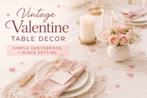 Vintage Valentine table decor with pink rose centerpiece, candles, lace details, and a simple place setting with blush napkin and tag