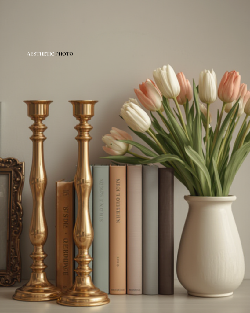 Vintage spring mantel decor centered around a mirror or large frame with layered thrifted accents.