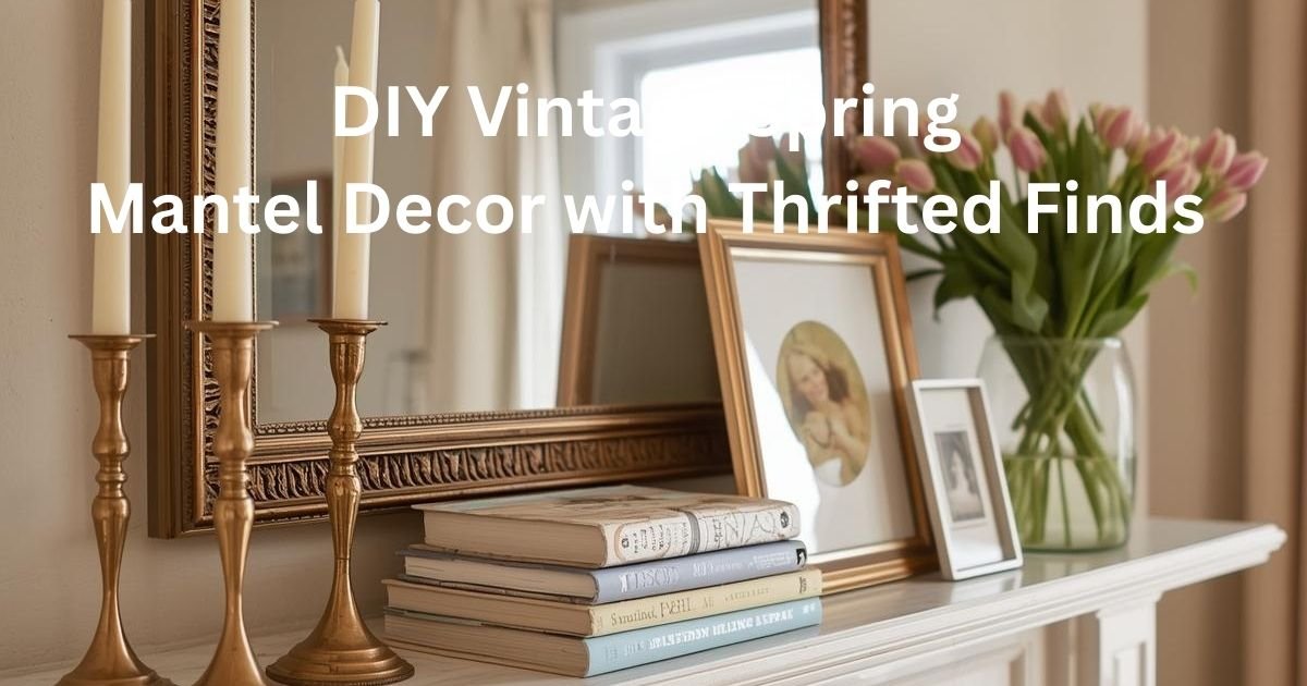 Cozy vintage spring mantel with thrifted brass candlesticks, layered vintage frames, pastel books, and tulips in soft natural light.