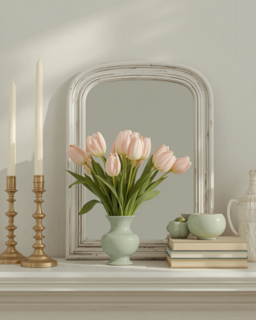 Cozy vintage spring mantel styled with thrifted brass candlesticks, stacked books, and a small vase of tulips in soft natural light.