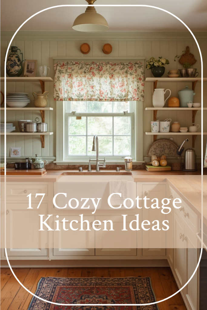 Pinterest pin image for cozy cottage kitchen ideas with cream cabinets, floral accents, vintage dishes, and warm cottage charm