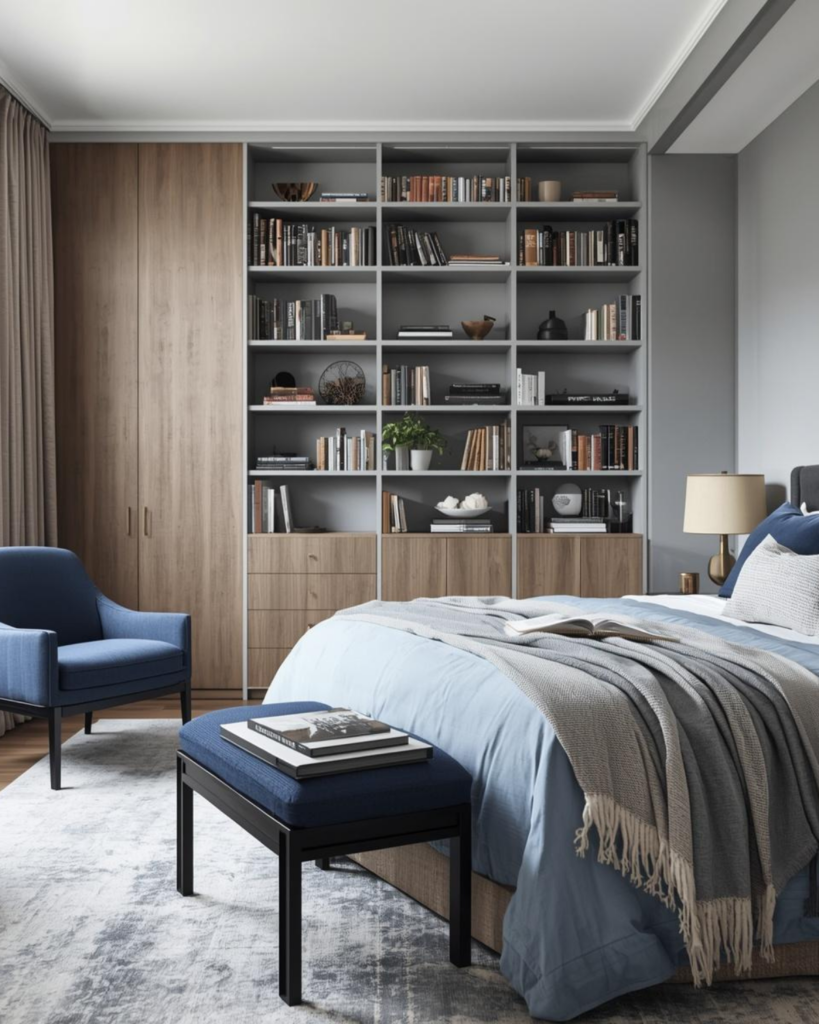 Modern blue bedroom with a small home library feel, warm wood accents, soft bedding, and neatly styled books