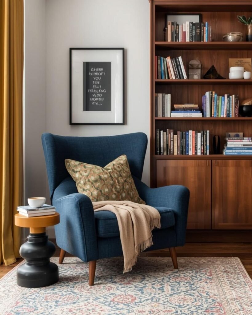 Colorful reading nook in a small apartment home library with cozy chair, warm wood tones, and nearby bookshelves