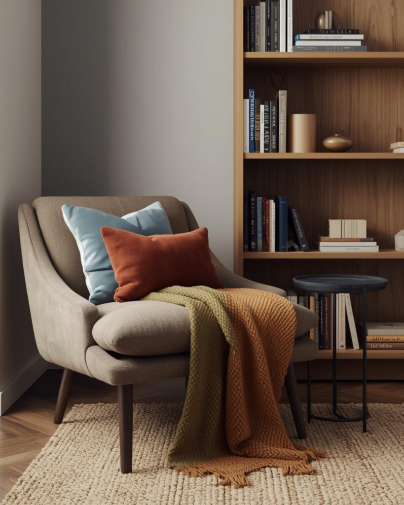 Colorful modern small home library with textured throw, layered pillows, warm wood shelves, and cozy decor