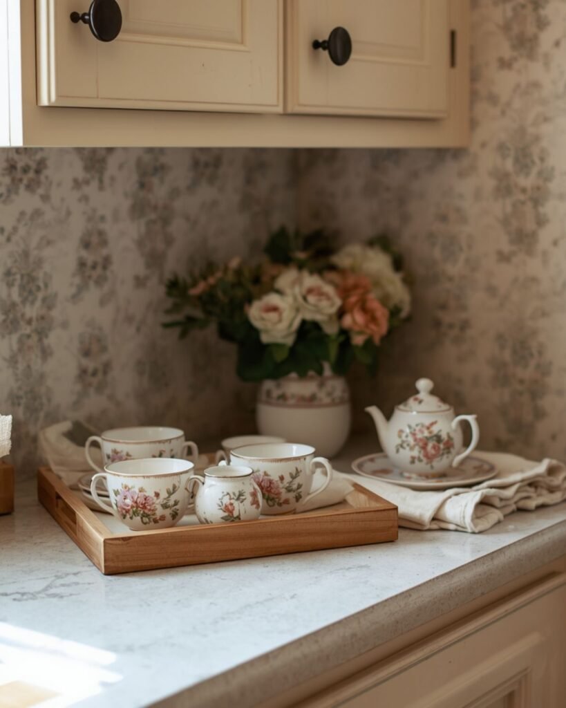 Cozy cottage kitchen coffee and tea corner with floral mugs, a teapot, and charming vintage-inspired details