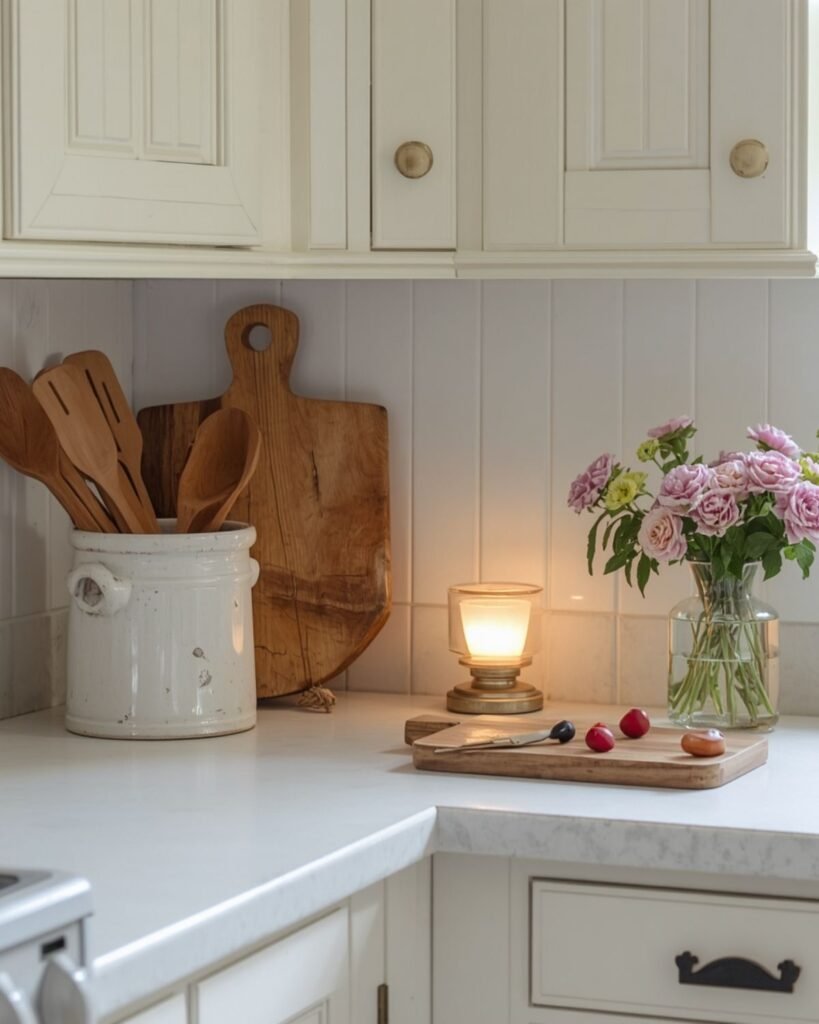 Cottage kitchen countertop styled with wooden utensils, a small lamp, flowers, and warm vintage-inspired details
