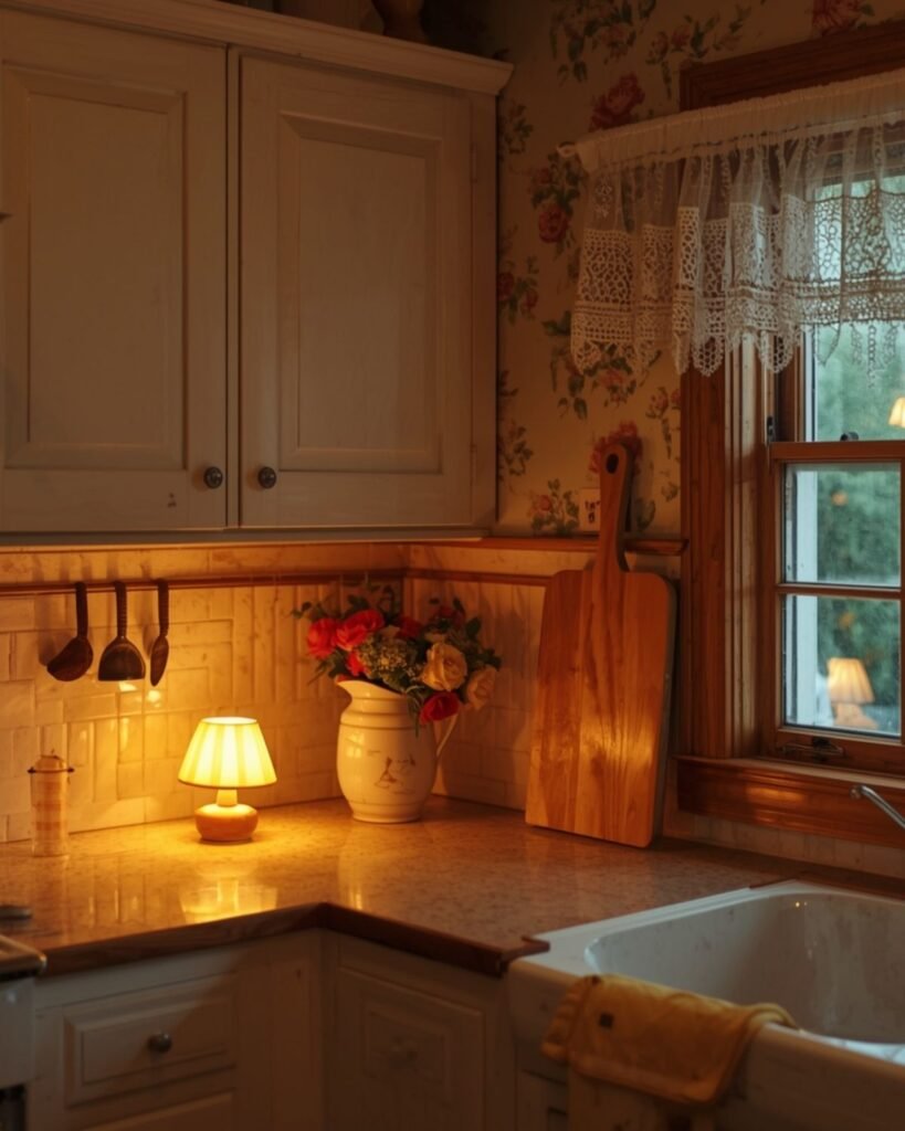 Cozy cottage kitchen corner with a glowing lamp, floral wallpaper, fresh flowers, and warm vintage details