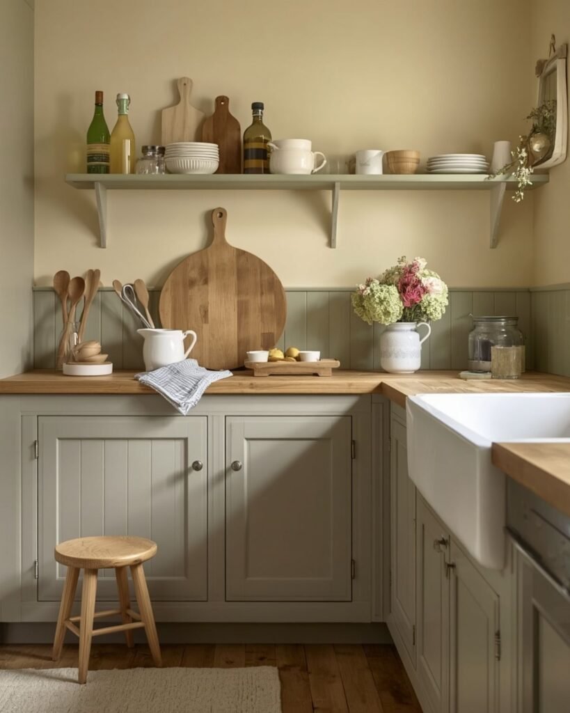 Cozy cottage kitchen with natural wood cutting boards, wooden utensils, and colorful vintage-inspired decor