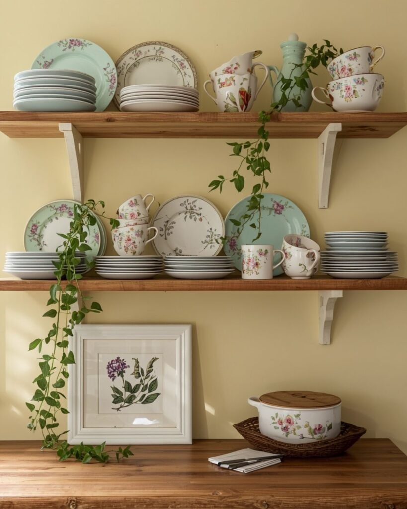 Open wooden shelves in a colorful cottage kitchen styled with vintage dishes, pastel mugs, and a trailing plant
